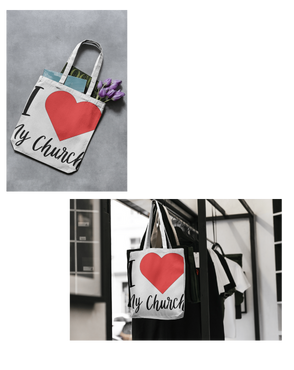 Rock of Ages I love my church tote bag and pens
