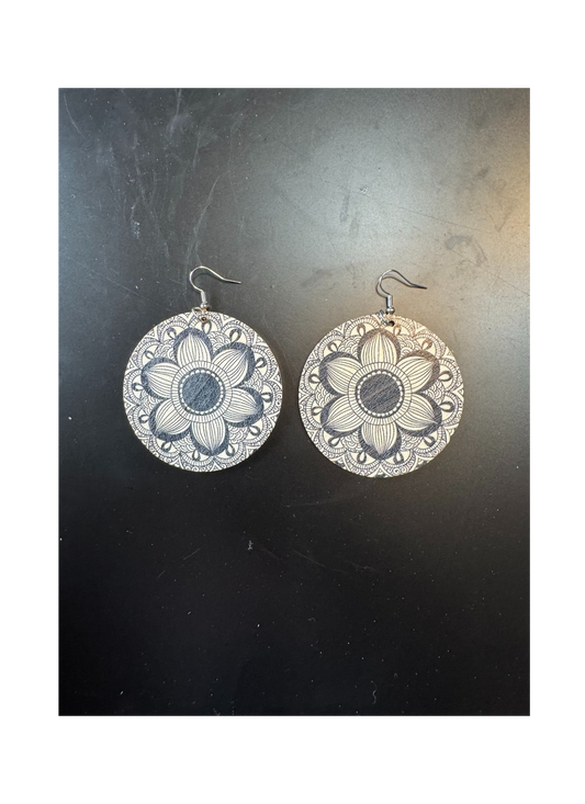 Black and white flower wooden earrings