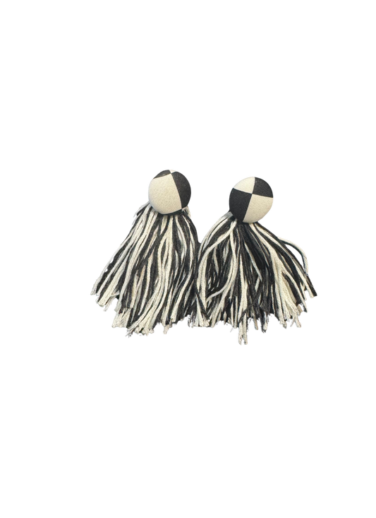 Black and white button tassel earrings